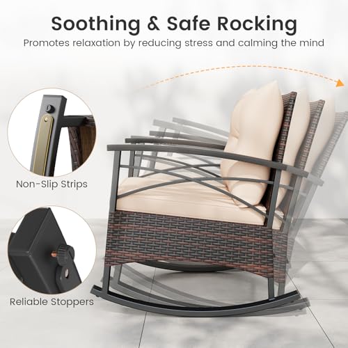 Image of Tangkula 3 Pieces Wicker Outdoor Rocking Chairs Set | Heavy Duty | Cushioned | Rattan Rocker Bistro Set w / 2-Tier Tempered Glass Coffee Table for Garden, Balcony, Backyard
