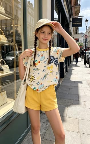 Image of Girls Clothes 2PCS Butterfly Print Short Sleeve T-Shirt + Shorts Set Teen Tween Girls Summer Outfits Set