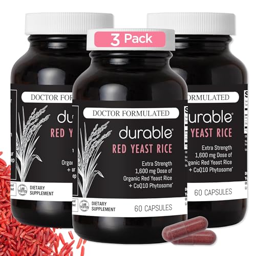 Durable RED Yeast Rice – Organic 1,600 mg Extra Strength + CoQ10 Phytosome – Supports Healthy Cholesterol, Heart, Lipids & Circulation – Doctor Formulated, Non-GMO, Vegan, Made in USA (180 Capsules)
