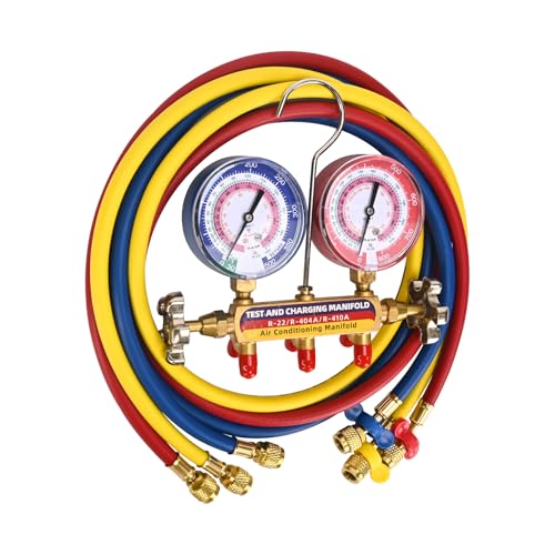 Image of 2026 Upgrade 42004 Test and Charging Manifold for R-22 /404A /410A, 60 inch Hoses | HVAC Manifold Set with 3-1 /8 inch (80 mm) Dual Gauges, 1 /4 inch Standard Flare Fitting, HVAC Color-Coded Gauges Set, 2-Valve