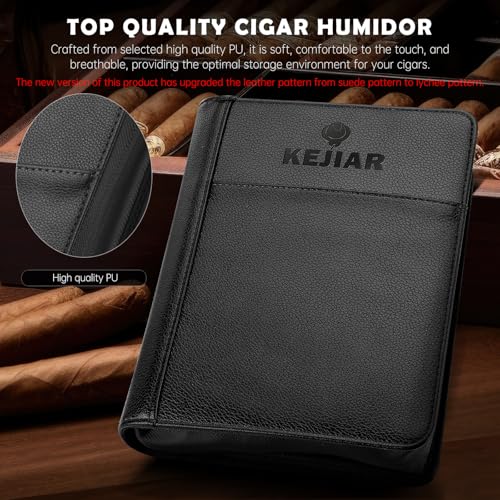 Cigar Humidor Case, Portable Cigar Box with Cigar V Cutter, Straight Cigar Cutter, Cigar Punch, Cigar Humidifier Packs, Travel Humidor and Cigar Accessories Gift Set Leather Cigar Case (Black) - Image 5
