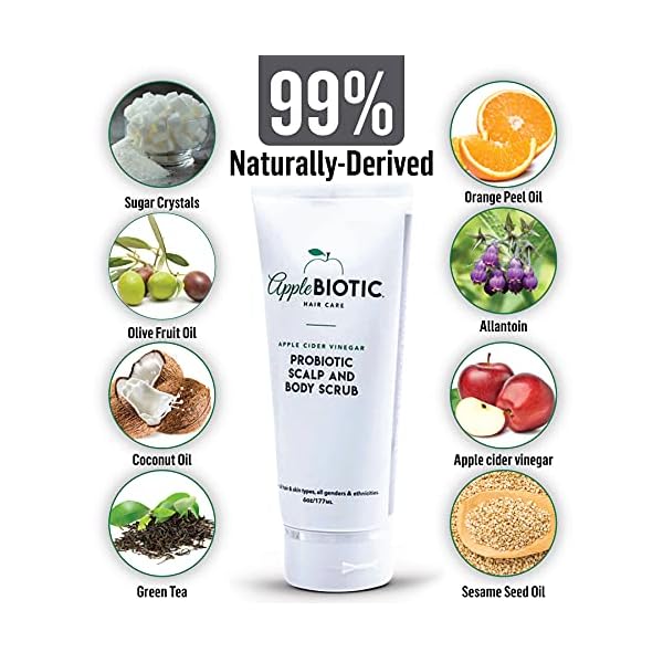 Scalp-Exfoliating-Scrub-Dry-Scalp-Treatment-Gentle-Scalp-Exfoliator-with-ACV-Moisturizes-and-Relieves-Itchy-Flaky-Skin-Hair-Scrub-Scalp-Cleanser-for-Build-Up-Healthy-Hair-Growth Applebiotic Scalp and Body Scrub - Body, Hair & Face Scrub with Sugar, Green Tea & Coconut Oil to clarify & remove product buildup, 6 oz