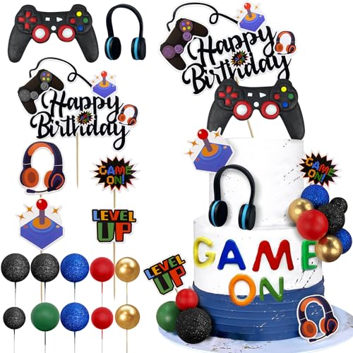 Tosparty PRO Video Game Cake Toppers Video Game Happy Birthday Controller Headset Cake Decoration Ball Cake Decoration For Game Theme Birthday Party Cake Decoration cover