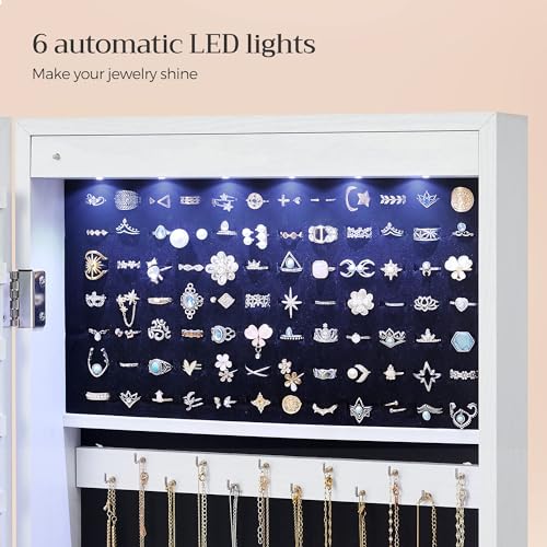 image for SONGMICS 6 LEDs Mirror Jewelry Cabinet, 47.2-Inch Tall Lockable Wall o