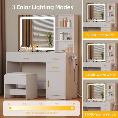 DWVO 45" W Vanity Desk w/Wireless Charging Station & Power Outlet, Mirror w/Lights Table Set with 4 Drawers, 3 Lighting Modes Brightness Adjustable for Bedroom Studio, Upgraded Milk White