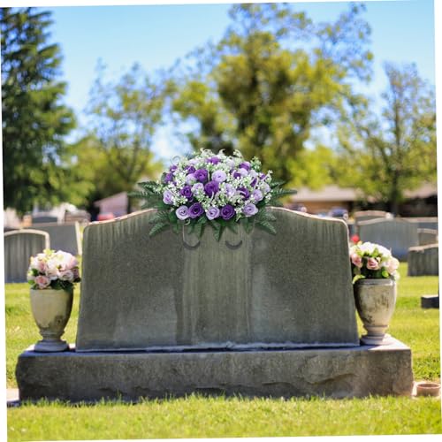 Headstone Flower Saddle, Silk Cemetery Flowers, for Grave, Purple Rose Decorations/ 26x14 Inch image 2