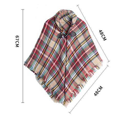 Proumhang Girls Tartan Scarf With horn buckle,Plaid Wrap,Poncho Cape Shawl For Kids,Winter Warm Scarves,One Size,Pink