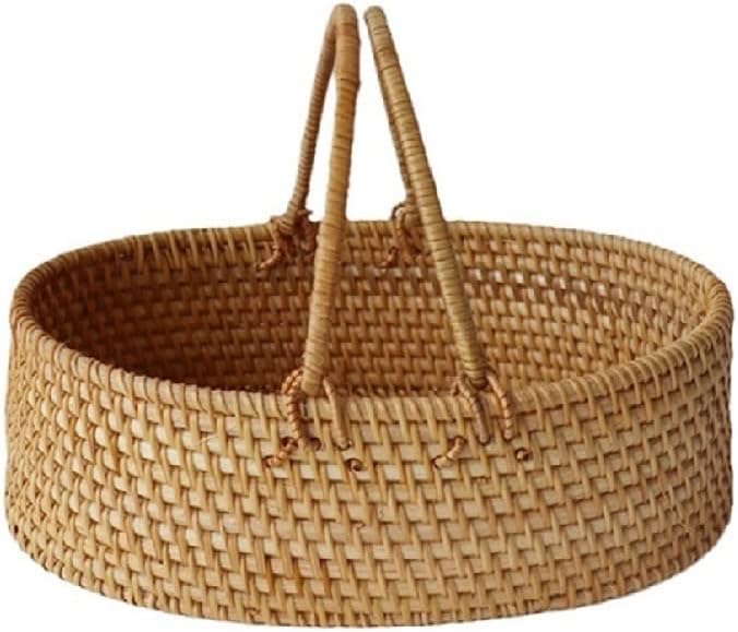 Luopan Storage Accessories, Hand-Woven Rattan Picnic Storage Basket Outdoor Supplies Portable Fruit Picking Box(Oval 2pcs(S+M))