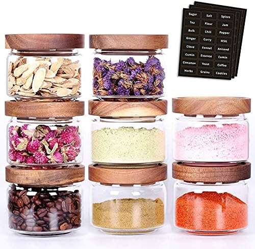 Tzerotone 8 Pcs Spice Containers - 8.5oz Glass Spice Jars With Acacia Airtight Lid and Labels - Stackable Empty Round Spice Bottles for kitchen Seasoning, coffee bean, tea, suger, herbs