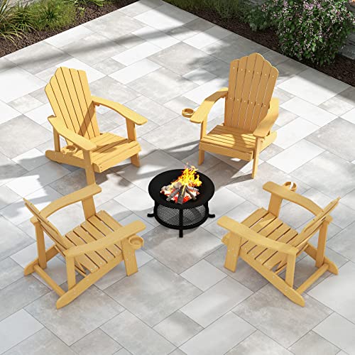Image of Tangkula Oversized Adirondack Chair, Patio Lounge Chairs w /Adjustable Cup Holder, HIPS Armchairs Slatted Chair, Outdoor Weather Resistant Fire Pit Chair for Deck Backyard Garden Porch (2, Teak)