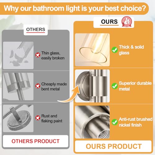 Image of Wall Sconces Set of Two, Brushed Nickel Bathroom Sconces Wall Lighting with Clear Glass, Hardwired Modern Sconces Wall Decor Set of 2 for Bathroom Mirror Bedroom Living Room Hallway