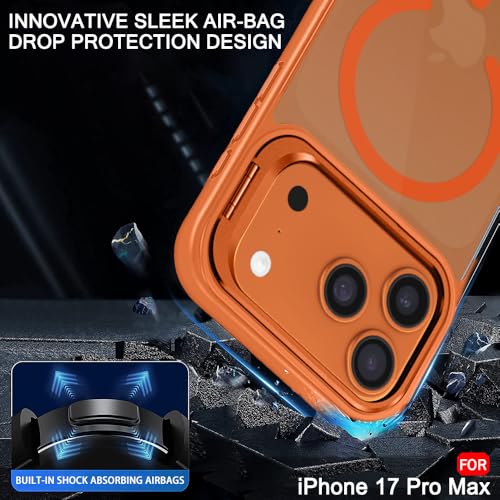 Image of TheGiftKart Hybrid Matte Frosted Back Cover Case for iPhone 17 Pro Max Compatible with MagSafe | Built-in Stand | Shockproof Hard Back Cover Case for iPhone 17 Pro Max (PC & TPU, Translucent Orange)