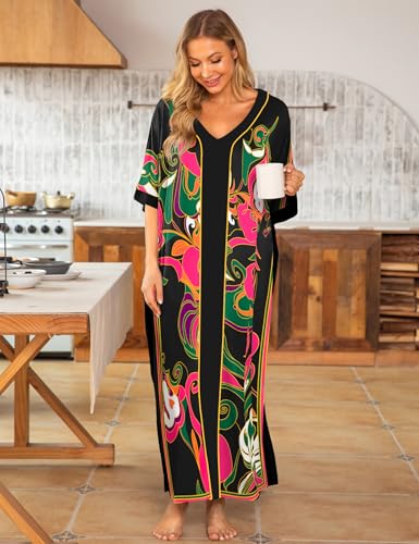Image of Bloggerlove Women Nightgowns Cotton Caftan House Dress Short Sleeve Sleepwear Vacation Beach Moo Moos Dress with Pockets