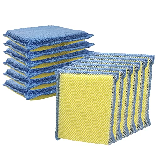 Image of LOLA Microfiber Terry & Nylon Net Sponge Scrubber Pad, 12 Pack, Non Scratch 2-Way Cleaning, Gently Scrubs & Wipes Clean