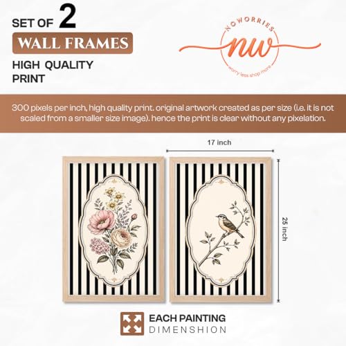 Image of NoWorries Vintage Floral & Bird Wall Art Set of 2 Framed Prints for Living Room Bedroom Office | Black Stripe Botanical Wall Decor with Wooden Frame (Art-9, 17x25inch)