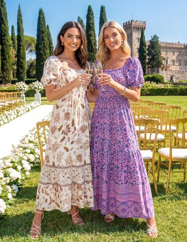 Image of ZESICA Women's 2026 Summer Boho Floral Print Dress Square Neck Ruffle Swing Beach Vacation Long Maxi Dresses