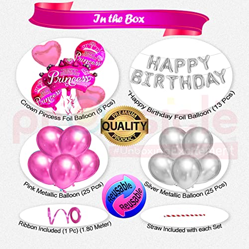 Image of Propsicle Happy Birthday Pink Princess Theme Foil Crown Balloon Bouquet With Silver Happy Birthday Letter Balloon & Pink | Silver Metallic Balloon - Pack of 52