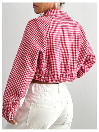 SHENHE Women's Cropped Bomber Jacket Houndstooth Button Down Crop Plaid Shacket Jacket2