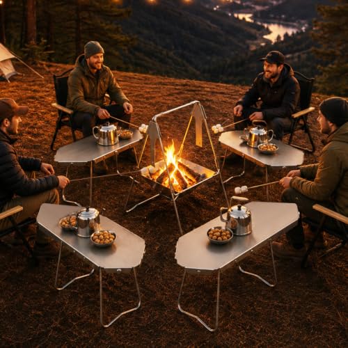 Image of Multi-Functional Wood Burning Stainless Steel Fire Pit,Modular Patio Charcoal Grill Table and Chair Set,Portable Camping Fold Campfire Grill with Rotisserie Spit