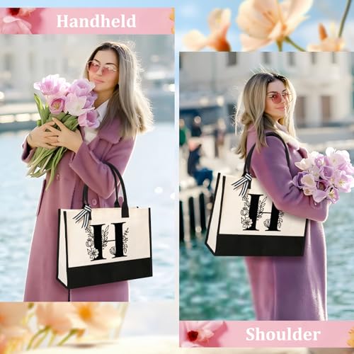 Image of Tecanne Personalized Initial Canvas Tote Bag, Suitable for Birthday, Wedding, Beach, Holiday, Gifts for Women, Mom, Teachers, Nurses, Best Friends, Bridesmaids (H)