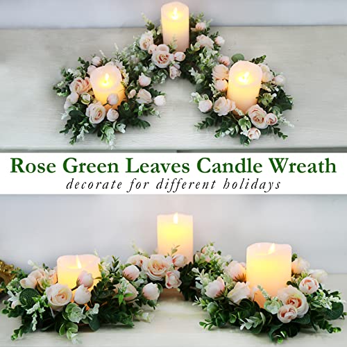 Acmee 4 Pcs Artificial Rose Candle Rings - Floral Wreaths With Eucalyptus Leaves Greenery Garland For Pillar Candle Lantern Wedding Centerpiece Party Home Table Decor(Champagne) #TOP3