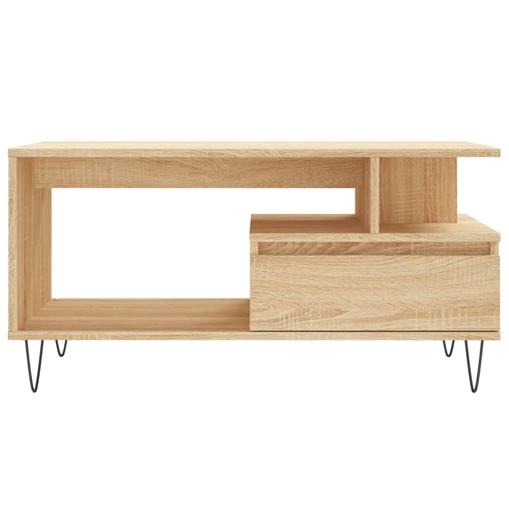 AUVYI Mesa de centro con cajón de roble Sonoma, 90 x 49 x 45 cm, material de madera y metal, mesa de salón con cajones, mesa auxiliar, mesa de sofá, aparador de madera
