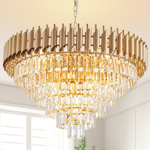 Aixialin Large Crystal Chandelier 30" Modern Hanging Crystal Pendant, 6 Tiers K9 Crystal Ceiling 16 Lights Fixtures, Round Pendant Lighting Large Chandelier for Entryway Dining Room Staircase
