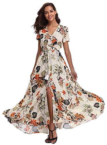 Image of VintageClothing Women's Floral Maxi Dresses Boho Button Up Split Summer Casual Long Dress Beach Party Dress