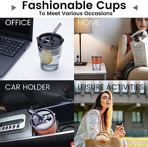 Image of KHOLAD Glass Reusable Sipper Bottle with Leather Sleeve Glass Coffee Mug with Glass Straw and Leakproof Lid Tumbler for Coffee,Tea, Milk Beverages Pack of 1,400ml Home & Travel Sippy Mason (Black)