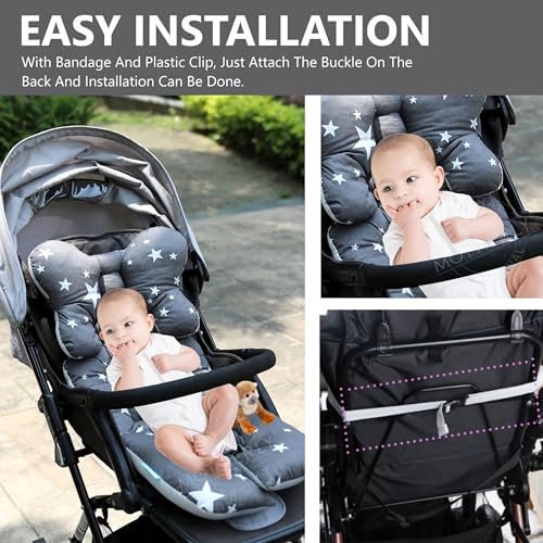 Image of Motherly Baby Stroller Seat Cushion | Reversible and Universal Fit Pad for Strollers, High Chairs, Car Seats & Rockers | Soft, Breathable Pram Liner with Secure Straps & Safety Belt Slot