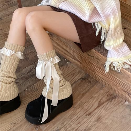 Y2K Leg Warmer Women Girl Japanese Kwaii Loose Socks Sweet Satin Bow Tie Boot Socks 2000s Ripped Knit Leg Warmer 80s4