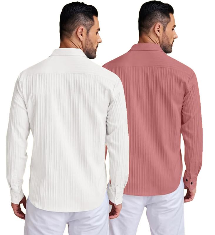 Image of DEELMO Combo of Men's Casual Button Down Shirts Long Sleeve Linen Shirt Fashion Textured Summer Shirts Pack of 2
