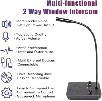 Dual Way Window Speaker Intercom Microphone and Speaker Bank Window Intercom Glass Window Microphone Anti-Interference One-Touch Mute for Business/Bank/Office/Hospital Counter(5 Watt)