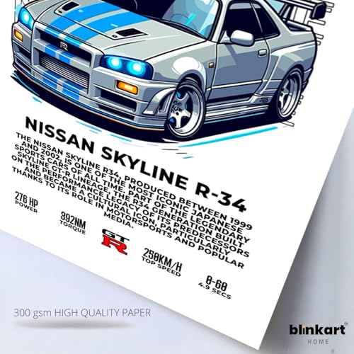 Image of BLINKART Nissan Skyline GT-R R34Car Posters Sticker Gift Items for Boys Room Wall Decor || Comes with Double-Sided Tape|| Decoration Bedroom Living Room Office Studio Decor | 12x18 In (A3) - CAR-266