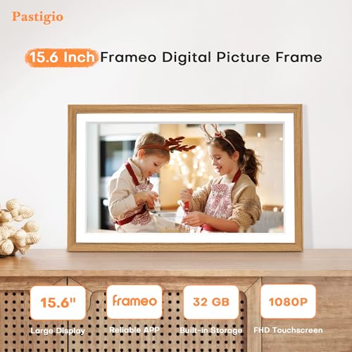 Image of Frameo Digital Picture Frame, Frameo 15.6'' Large Digital Photo Frame WiFi | 1920*1080 IPS FHD Touchscreen, 32GB, Wall-Mountable, Share Video Picture, Electronic Frame, Mom Gifts, Natural Woodgrain
