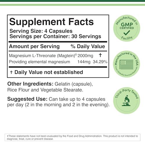 Magnesium L Threonate, Magtein, Sleep and Cognitive Support – High Absorption – Most Bioavailable Form of Magnesium – 2,000 mg – 120 Capsules