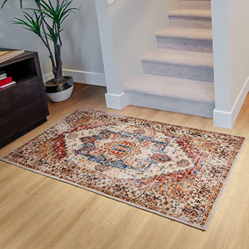 Yj.gwl Boho Area Rug 2X3, Persian Washable Small Entryway Rug, Soft Oriental Distressed Throw Rugs For Entrance Kitchen Bedroom, Non-Slip Non-Shedding Low-Pile Floor Carpet Bohemian Doormat, Orange #TOP7