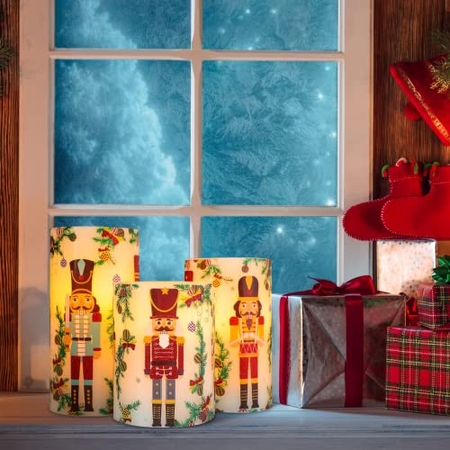 Image of Nutcracker Christmas Flameless Candles Battery Operated Flickering LED Candles with Remote Timer, Real Wax Pillar Candles for Holiday Party Home Decoration Christmas Gifts, Set of 3