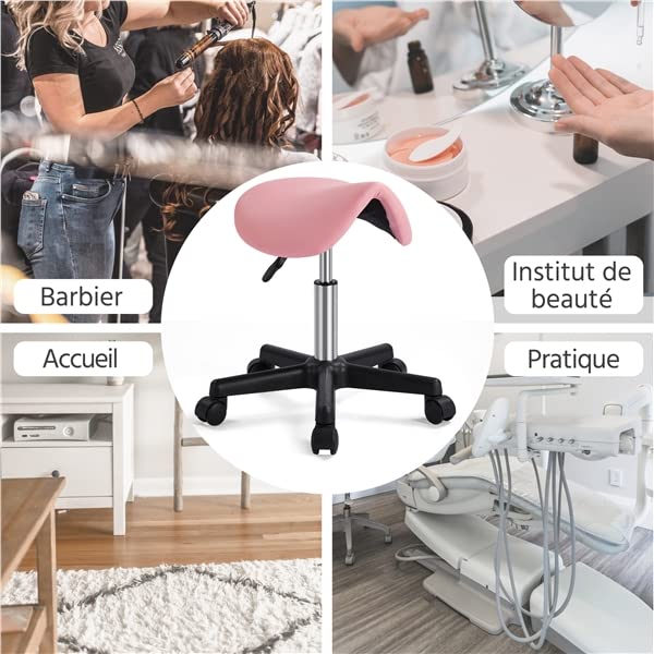 Abician Tabouret Selle de Cheval à roulettes Réglable en Hauteur 45,5-60 cm Rose pour Salon de Beauté Coiffure