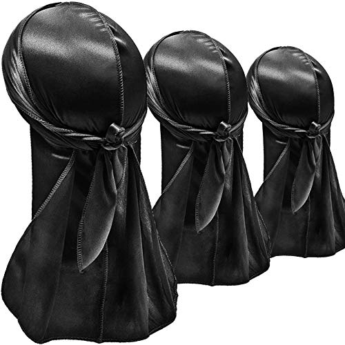 Hairizone - Juego de 3 durags sedosos, cintas para la cabeza, color negro