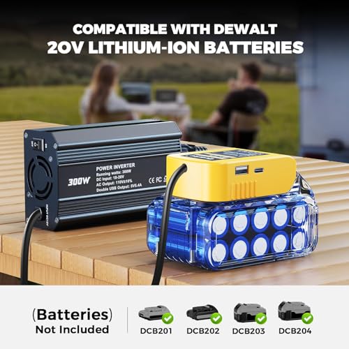 Image of Ecarke 300W Portable Power Inverter Compatible with DeWALT 20V Battery, DC 20V to AC 110V Power Station with 2 AC Outlets, 3 USB Ports & 1 Type-C 18W, for Camping RV Emergency Use (No Battery)