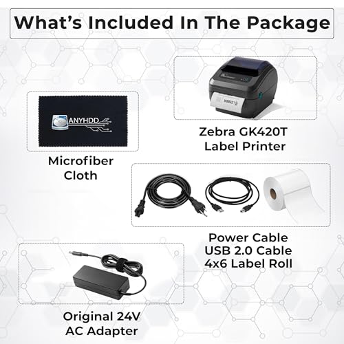 Image of Zebra GK420T Thermal Transfer Desktop Printer for Labels, Receipts, Barcodes, Tags - 1 Year Warranty with Power Cable + 24V AC Adapter + 4x6 Roll + USB 2.0 Cable + Microfiber Cloth (Renewed)