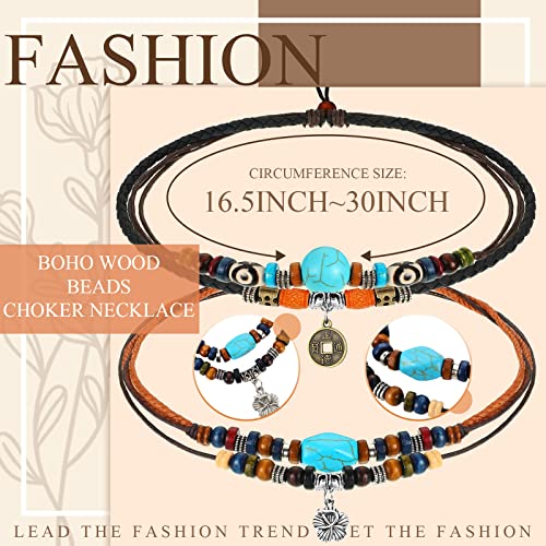 Jenpen 3 Pcs Western Layered Boho Wood Beads Choker Necklace Adjustable Vintage Leather Necklace Bead Choker Boho Jewelry For Women thumb #2
