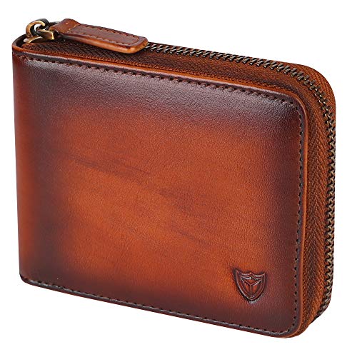 Mens Genuine Leather Zipper Wallet, Upgrade RFID Blocking, Multi Card Holder Purse with Bifold ID Window and Coin Pocket (Handmade Brown)