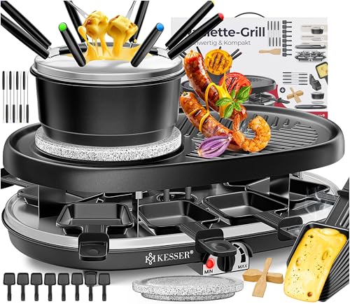 KESSER® 3 en 1 Raclette grill con piedra natural antiadherente, placa de parrilla y fondue,...