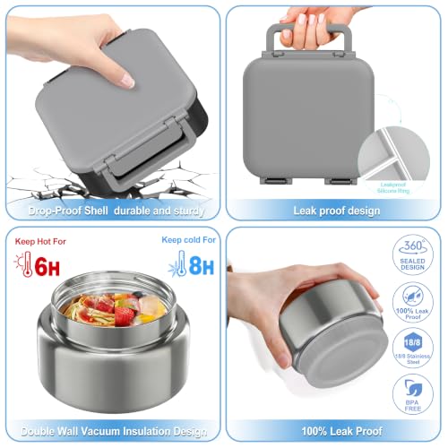 Image of Kids Bento Lunch Box with 9oz Soup Thermo Leakproof Lunch Food Containers 4 Compartment with Insulated Hot Food Jar for Kid Toddler Girls Boys to School, Trvael