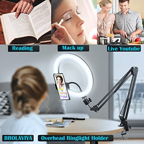 BROLAVIYA-Overhead-Video-Mobile-Stand-with-10inch-Ring-Light-Metal-Arm14-Male-Adaptor-for-CameraGoproMobile-Bracket-for-VideoDesktopBedroom-Office