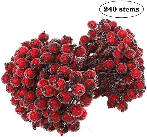 FUNARTY 240 Wire Stems of Holly Red Berry Stems 480 Heads Christmas Berries Artificial Holly Berries Frosted (Dark Red)