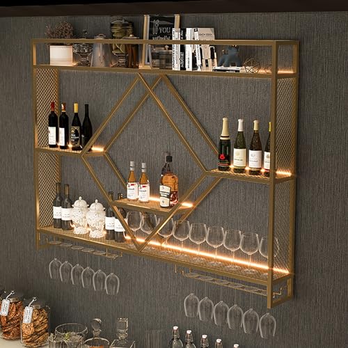 Estante de almacenamiento de vino LED – Soporte de metal para vino y copas moderno estante flotante para botellas de licor negro/dorado, perfecto para decoración de bar, cocina y sala de estar