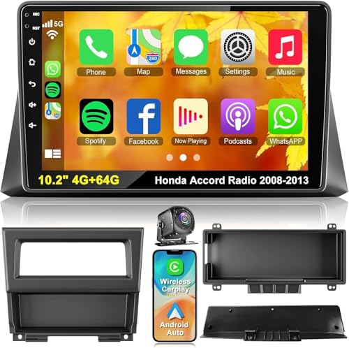 Android 13 Car Stereo for Honda Accord 2008-2013 4G RAM+64G ROM, 10.2 Inch IPS Touch Screen Car Radio with Wireless Carplay/Android Auto,GPS, WiFi, Bluetooth5.2, Support OBD2/DVR/DSP